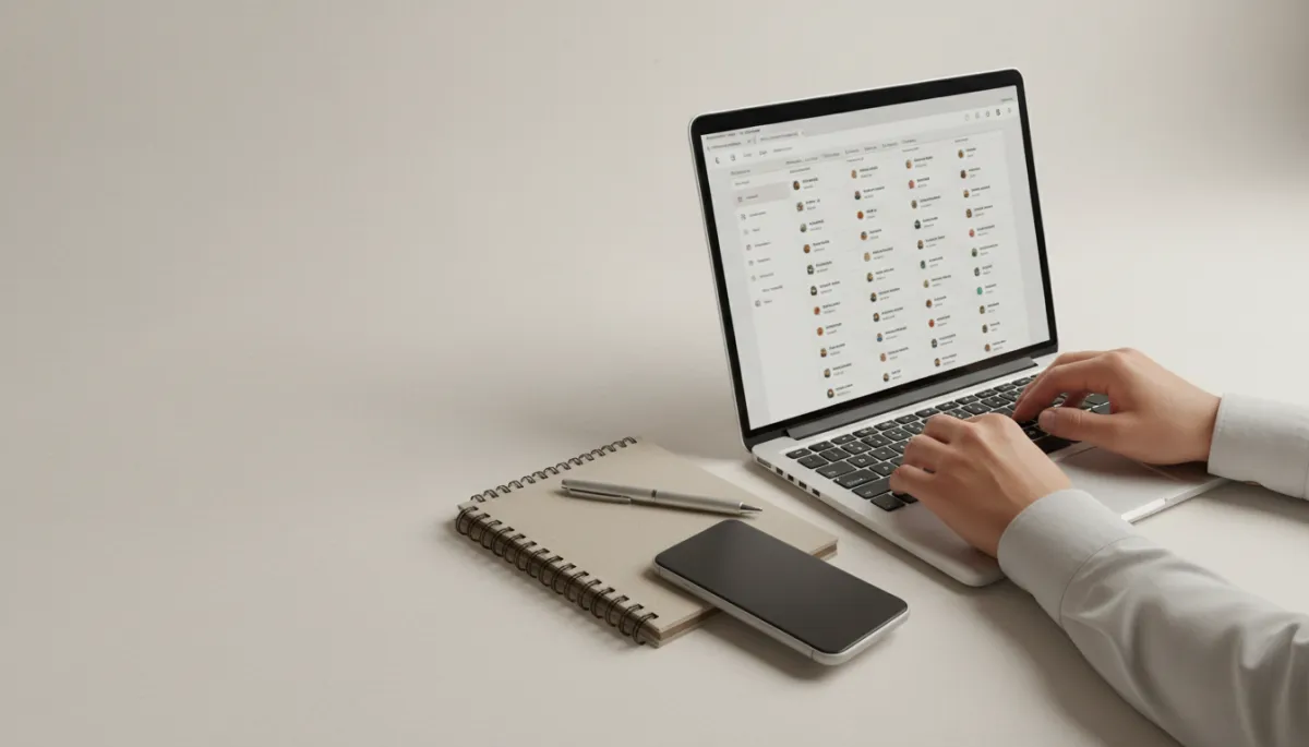 Real estate agent organizing CRM contacts on a laptop in a professional workspace