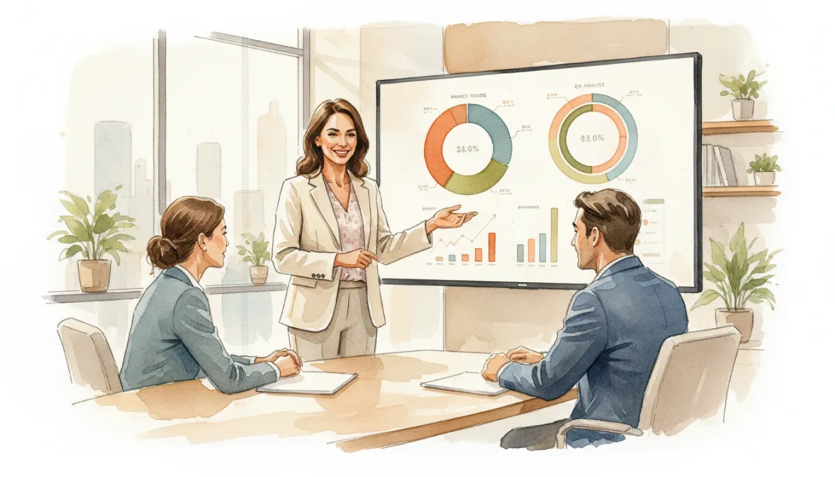 Agent presenting real estate market analysis charts to clients in a modern office Agent presenting real estate market analysis charts to clients in a modern office