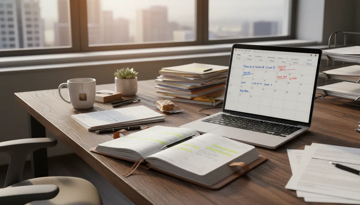 A fresh, high-quality photo showing a real estate agent's real desk with an open planner or digital calendar visible, where actual handwritten or digital notes highlight scheduled follow-up touchpoints. The environment should feel lived-in, professional, and authentic, avoiding any staged or overly perfect elements. A fresh, high-quality photo showing a real estate agent's real desk with an open planner or digital calendar visible, where actual handwritten or digital notes highlight scheduled follow-up touchpoints. The environment should feel lived-in, professional, and authentic, avoiding any staged or overly perfect elements.