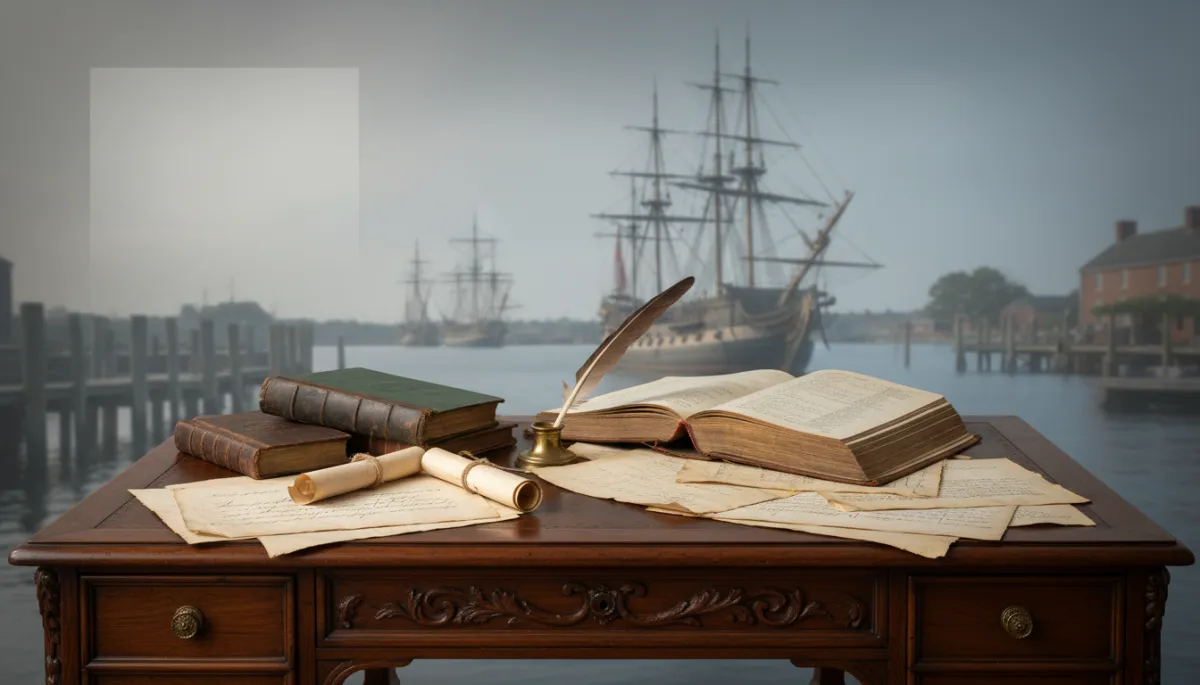 professional, neutral-toned photorealistic scene of a wooden 18th-century desk with quill pen, parchment documents, ledger books, and a faint overlay of a colonial harbor with merchant ships, subtle text area for title and subtitle