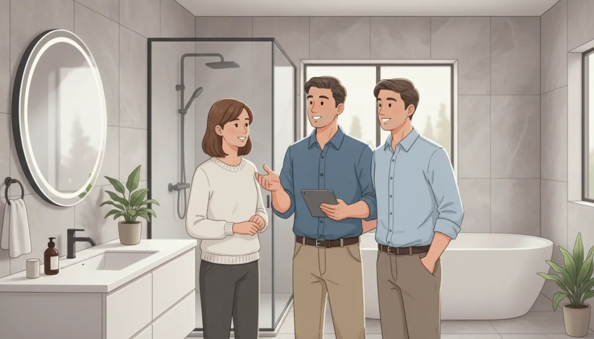 A photo of a contractor talking with homeowners in a finished bathroom, representing professional consultation and project completion.