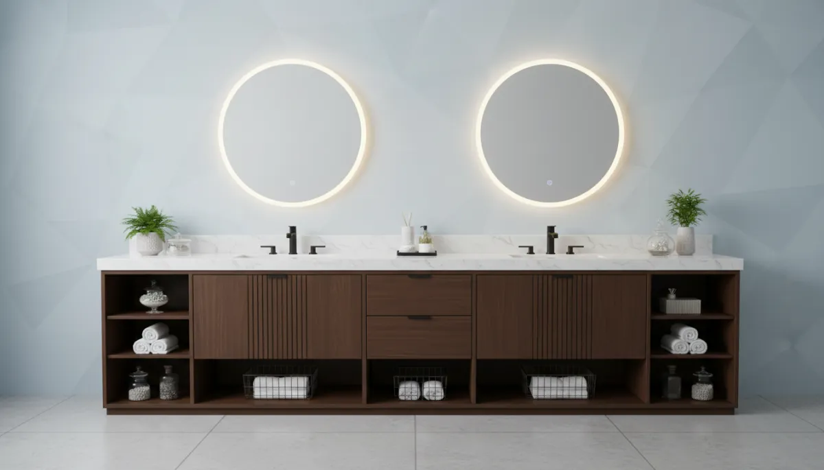 A photo of a stylish vanity cabinet with quartz countertop and double sinks, emphasizing storage and modern design.