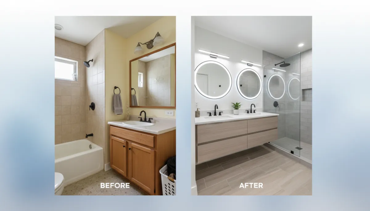 A high-quality photo of a real bathroom remodel before-and-after in a typical Oakley, CA home, emphasizing updated fixtures and improved layout.