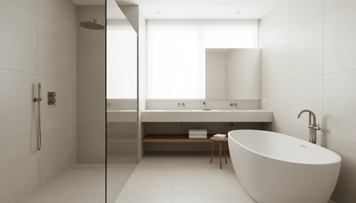Neutral modern bathroom with walk-in shower and freestanding tub in Oakley home Neutral modern bathroom with walk-in shower and freestanding tub in Oakley home