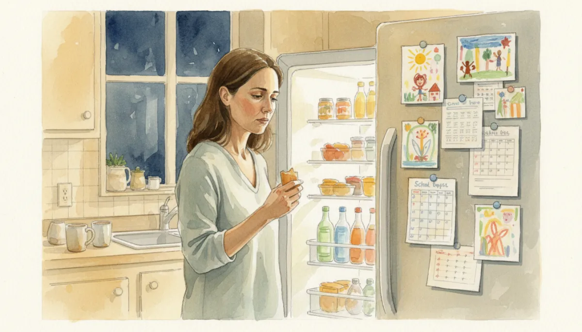 Mom feeling tired in the kitchen at night, choosing a snack