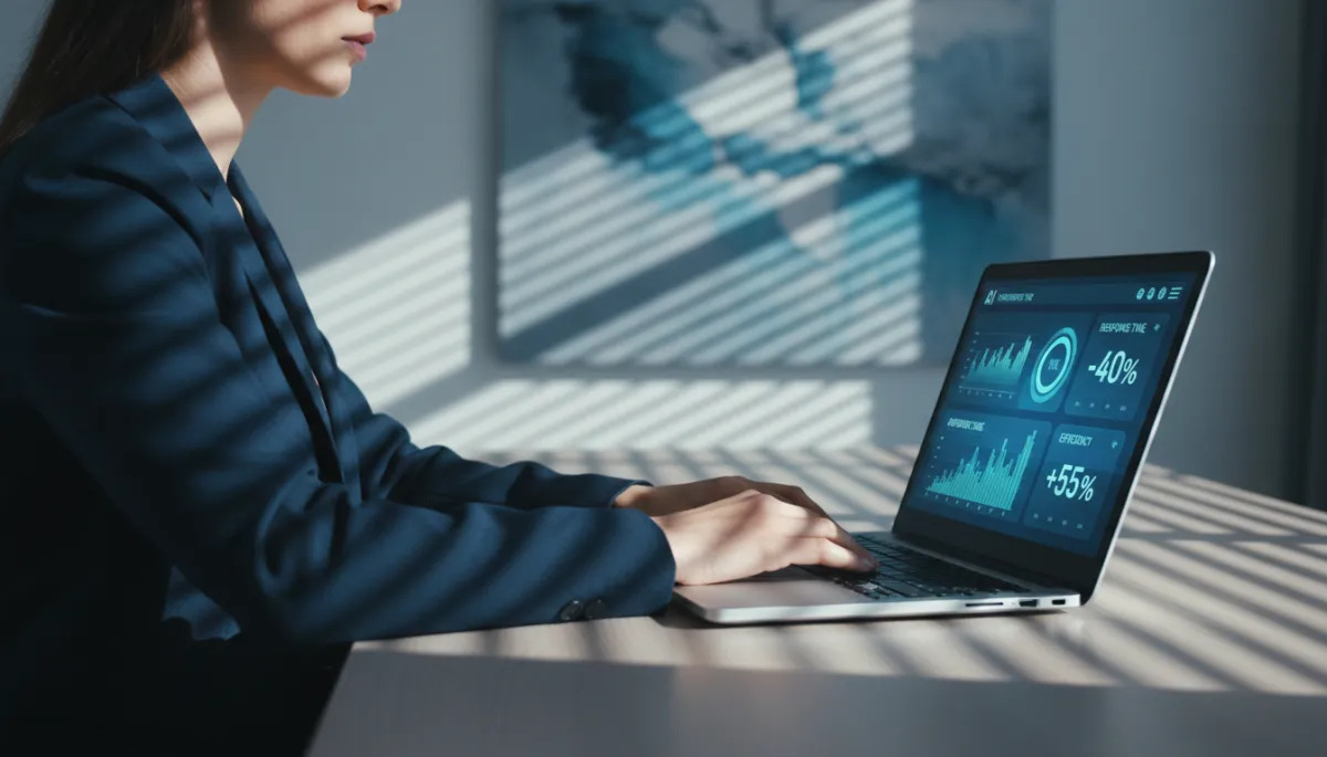 Business owner reviewing AI automation and efficiency metrics on a laptop