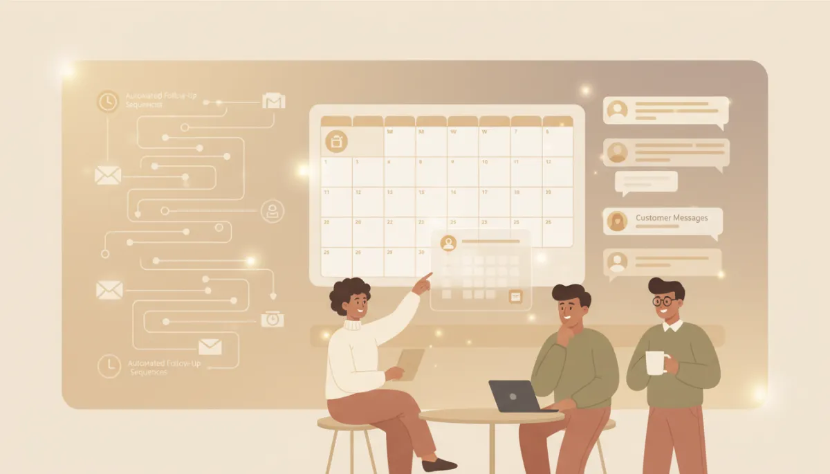 Illustration of AI-powered dashboard automating follow-up tasks for a relaxed team