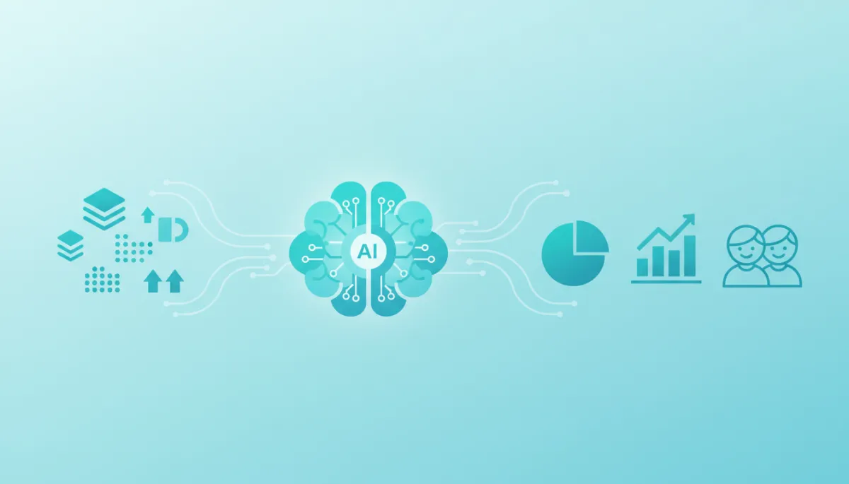 Illustration of data flowing into an AI brain and producing business insights in aqua tones