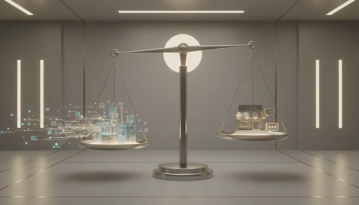 Balanced scale showing AI technology on one side and small business needs on the other