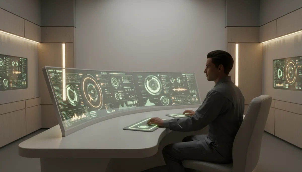 Operator monitoring AI dashboards and safety indicators for a small business