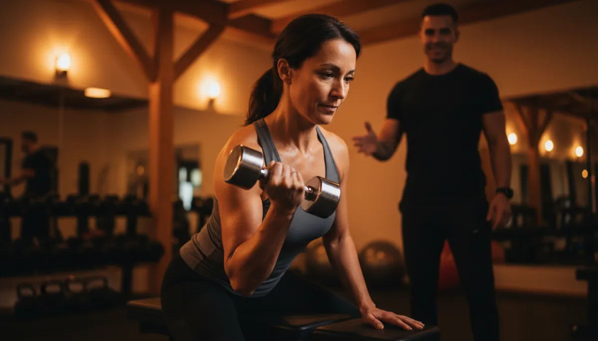 Woman in her 40s doing strength training with a coach in Lakewood Colorado Woman in her 40s doing strength training with a coach in Lakewood Colorado