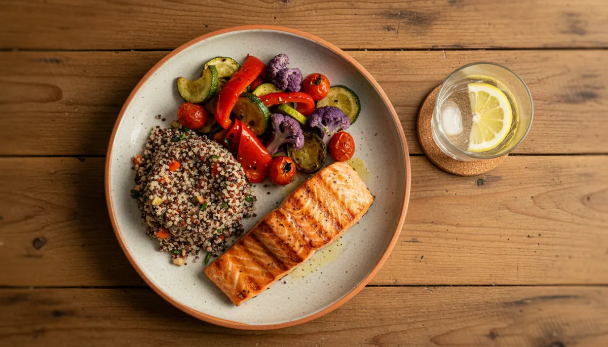 Balanced high protein meal with vegetables and whole grains Balanced high protein meal with vegetables and whole grains