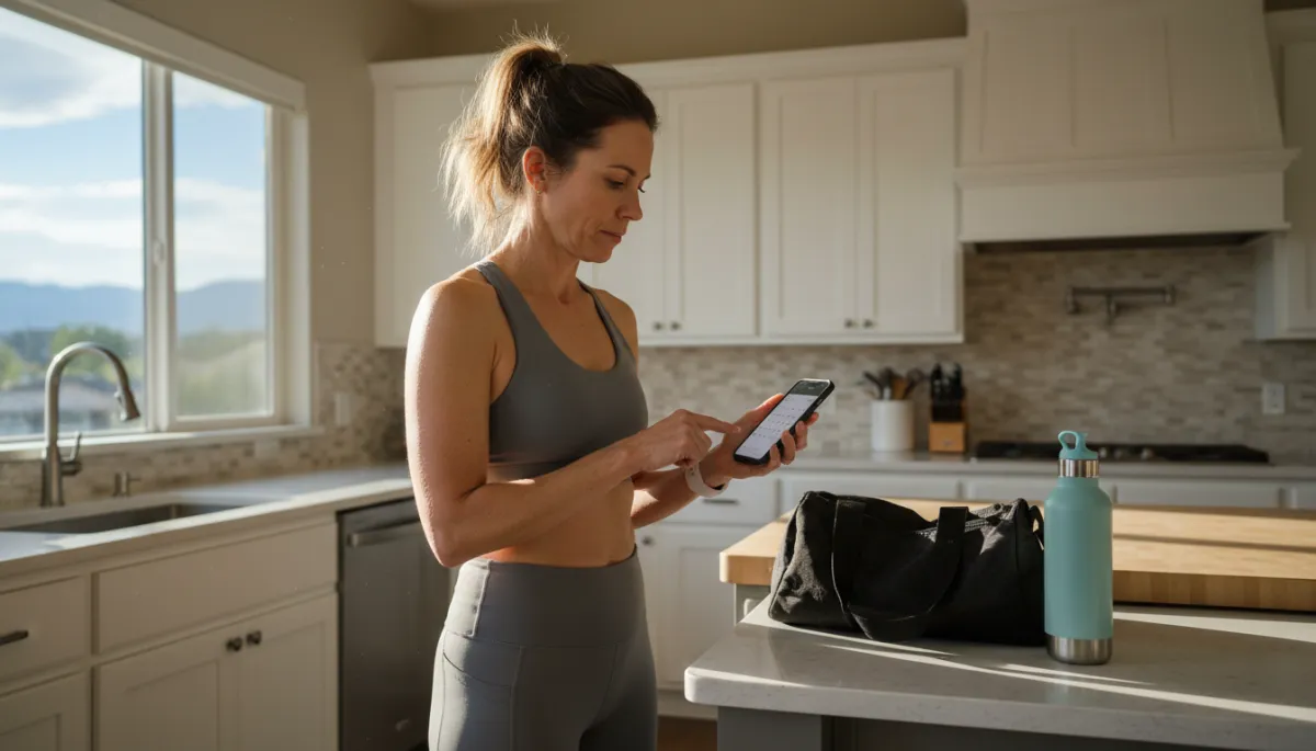 Adult over 40 in workout clothes checking calendar before heading to the gym Adult over 40 in workout clothes checking calendar before heading to the gym