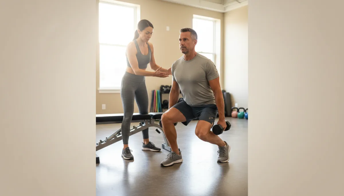Man over 40 doing a split squat with a trainer coaching his form
