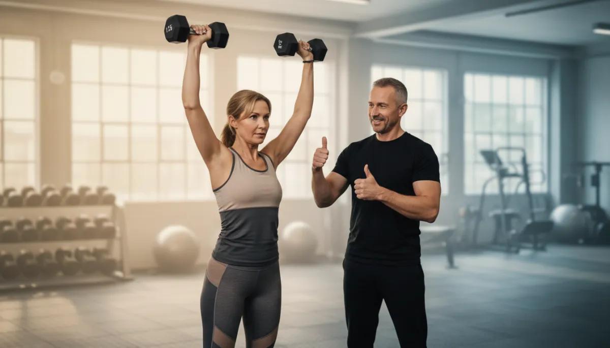 Woman over 40 pressing dumbbells overhead with guidance from a trainer