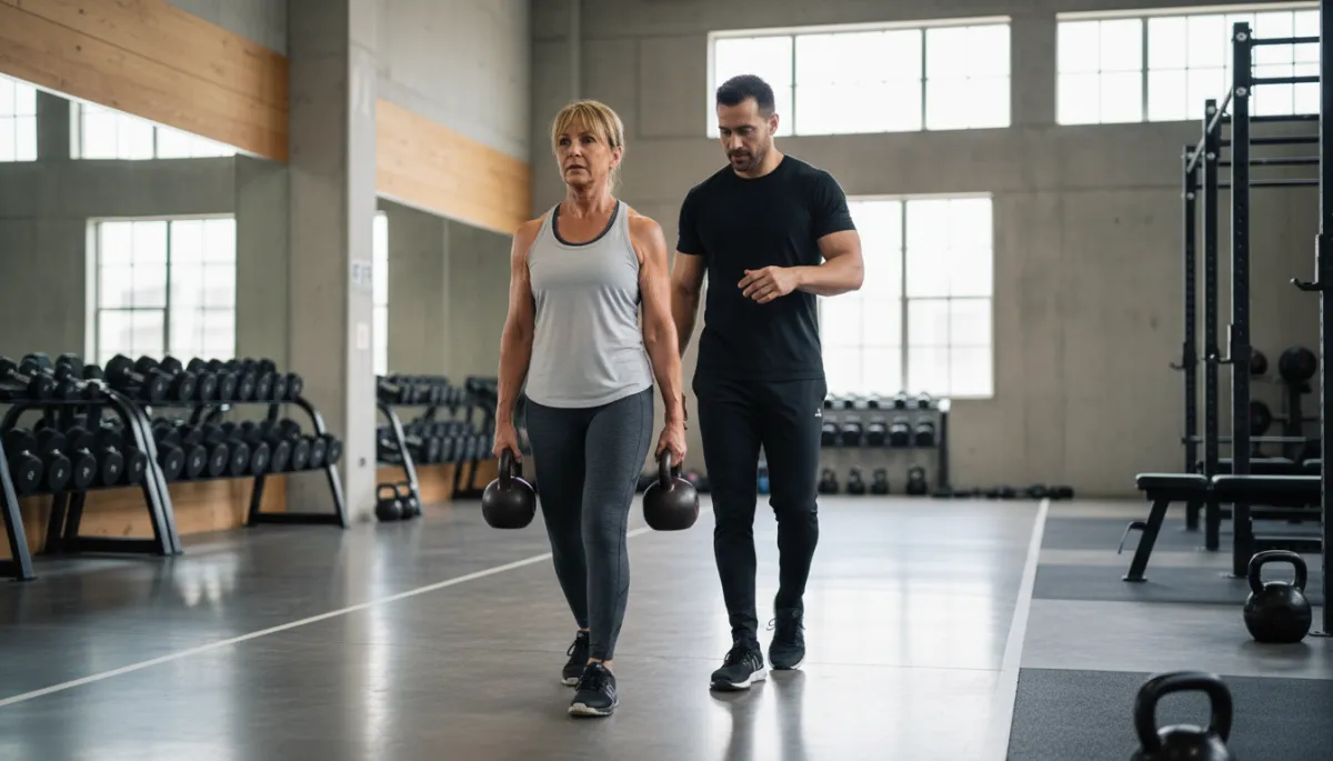 Adult woman over 40 performing a farmer walk with kettlebells in a gym