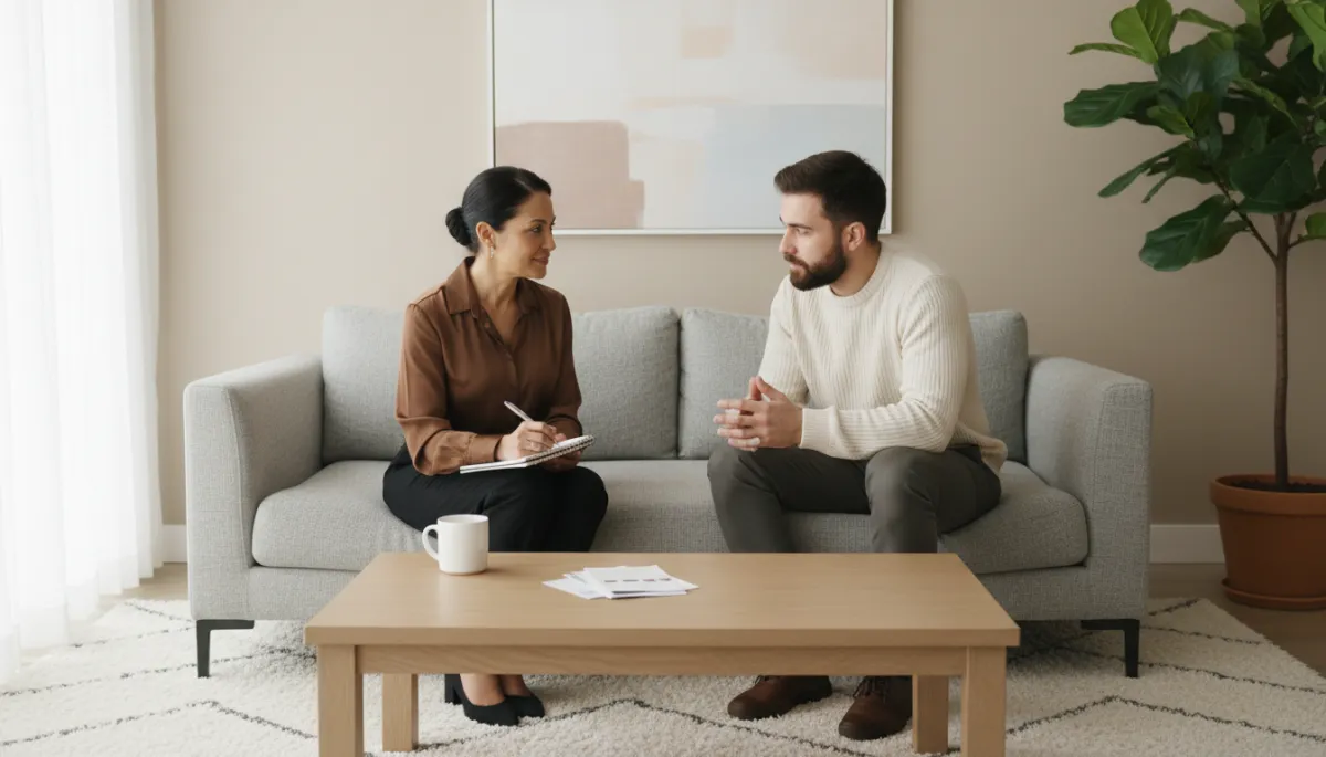Social worker meeting with a parent in a living room Social worker meeting with a parent in a living room
