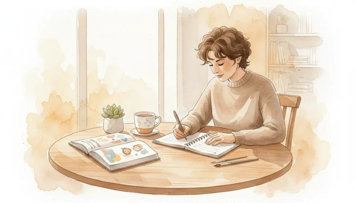 Parent reviewing notes from a parenting support class in a calm environment Parent reviewing notes from a parenting support class in a calm environment
