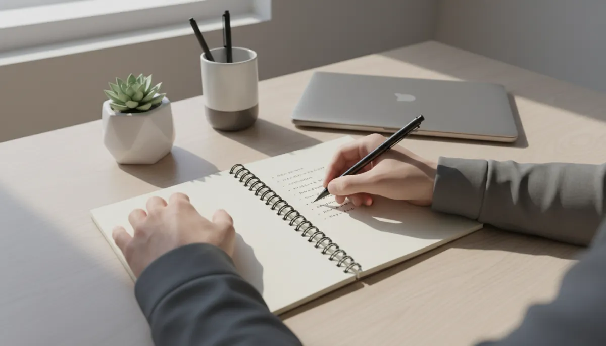Individual writing practical mindset-driven action steps in a notebook Individual writing practical mindset-driven action steps in a notebook