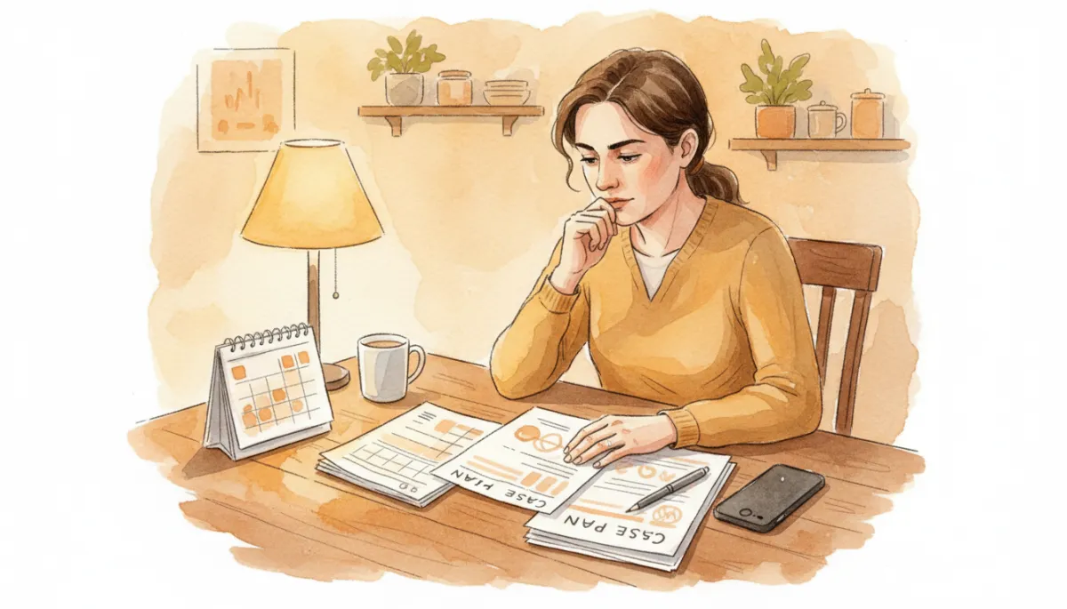 Parent reviewing calendar and case plan paperwork at home