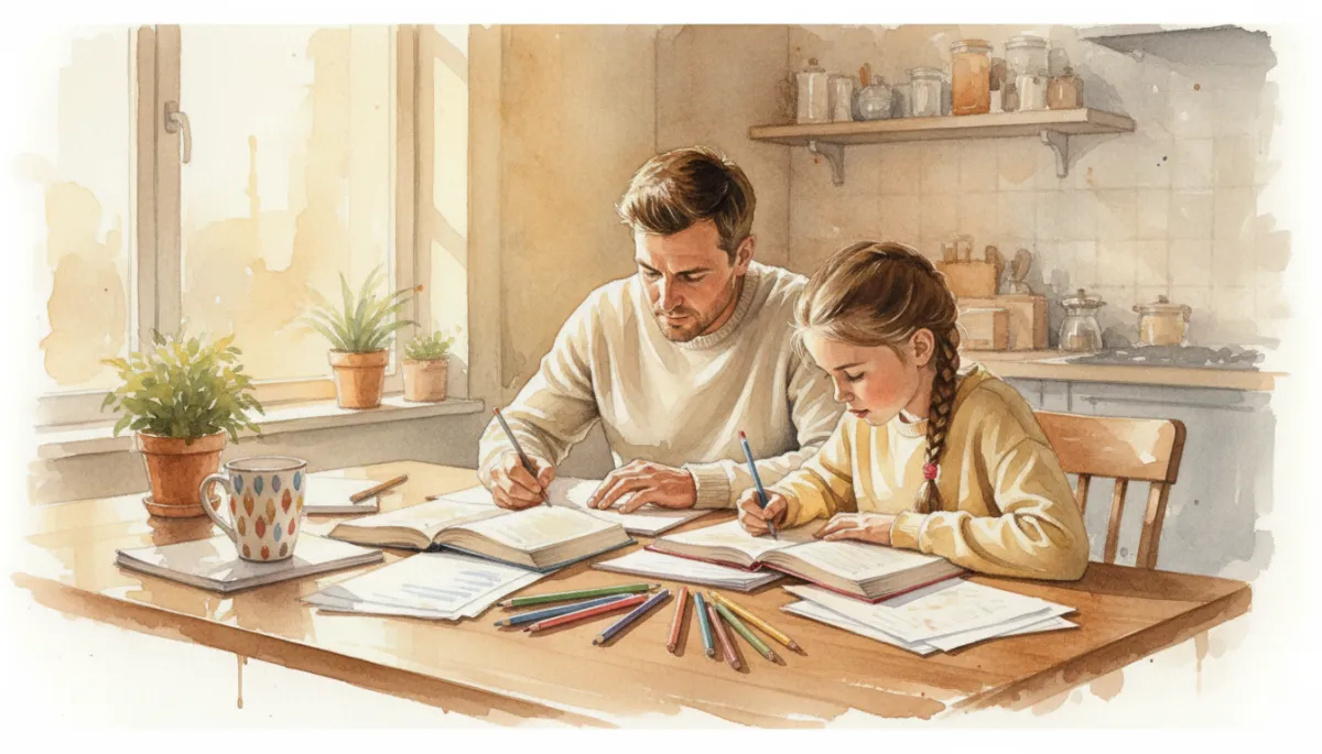 Father helping child with homework, demonstrating everyday engagement