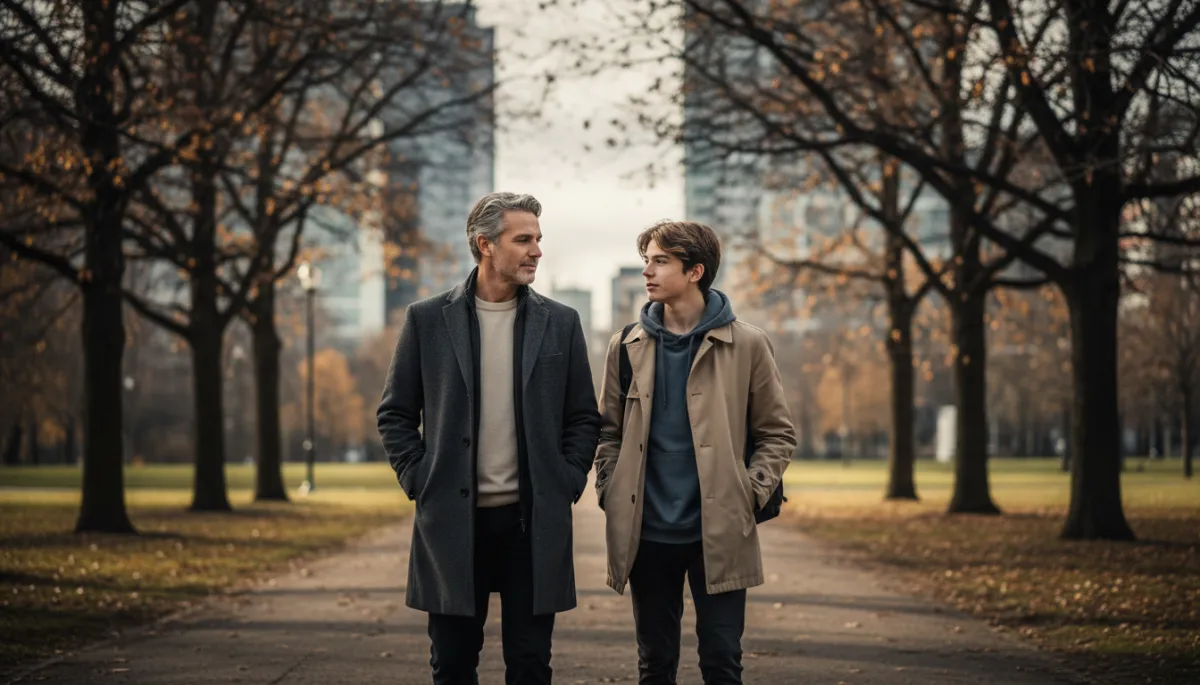 Father walking and talking with his teenage son in a quiet park Father walking and talking with his teenage son in a quiet park