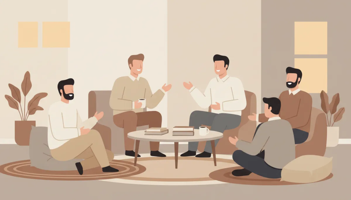 Group of fathers sharing stories and listening to each other in a circle