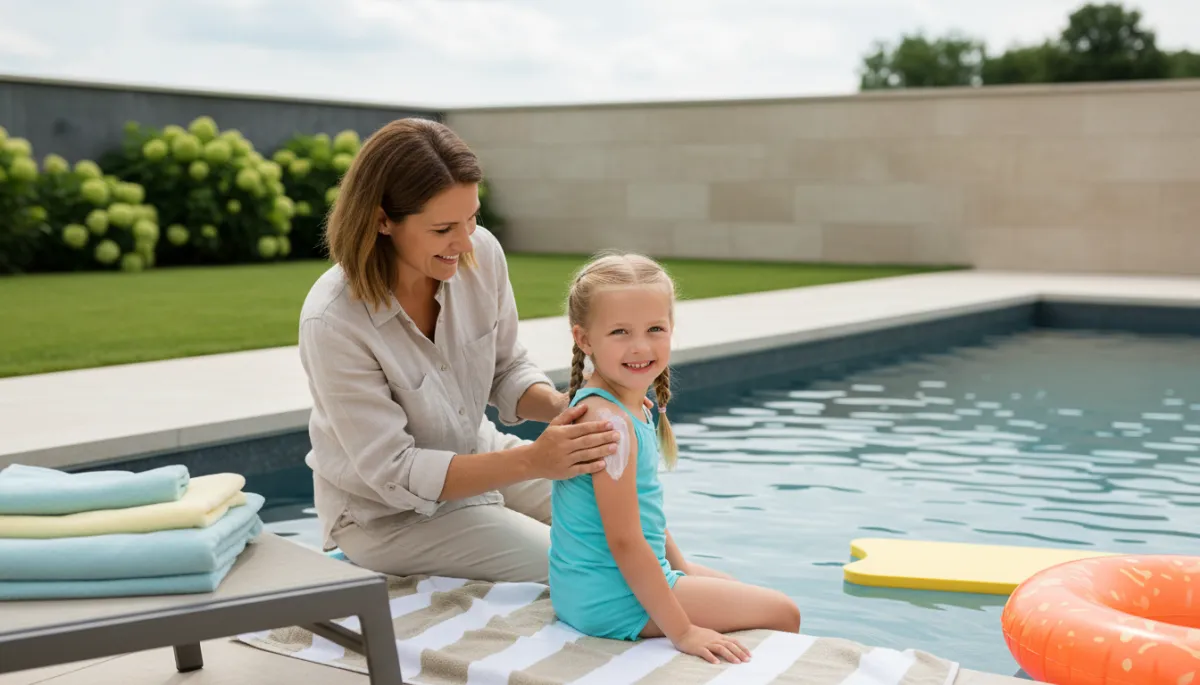 Parent applying sunscreen to child near a backyard pool with safety gear