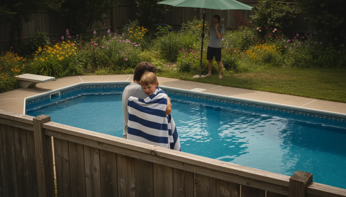 Professional photorealistic view of a backyard pool from a neighbor’s perspective with a child being comforted