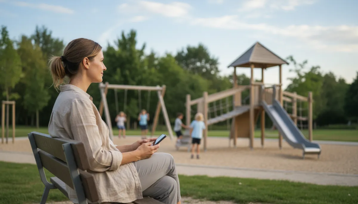 Parent supervising children playing at a playground from a nearby bench Parent supervising children playing at a playground from a nearby bench