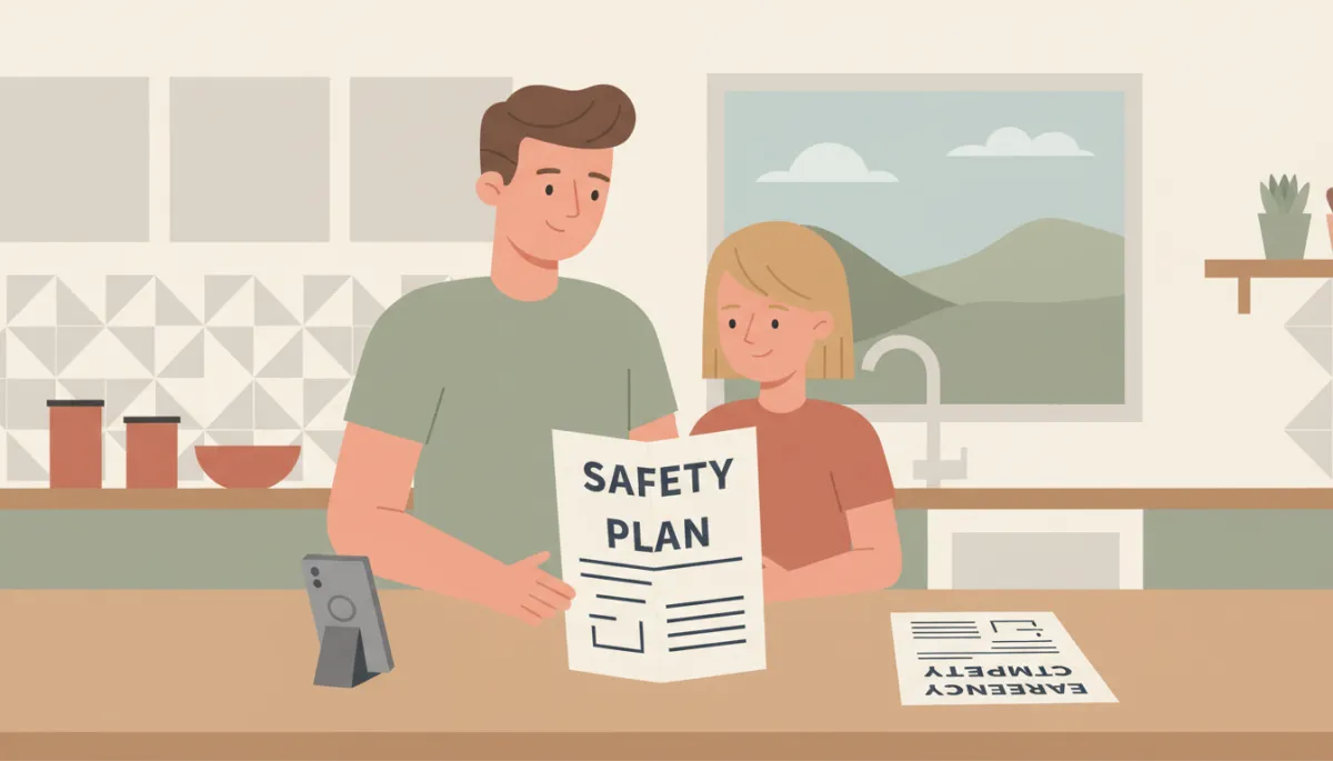 Parent and child reviewing a home-alone safety plan together in a kitchen Parent and child reviewing a home-alone safety plan together in a kitchen