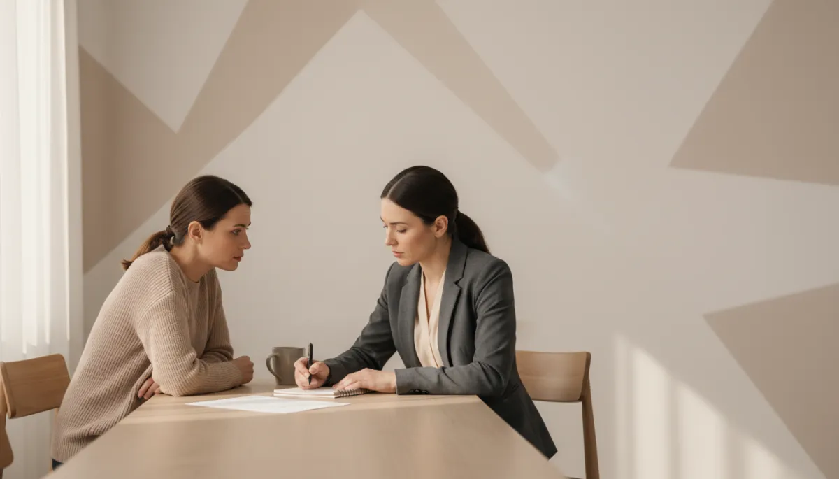 Professional neutral-toned scene of a parent speaking with a caseworker at a table Professional neutral-toned scene of a parent speaking with a caseworker at a table