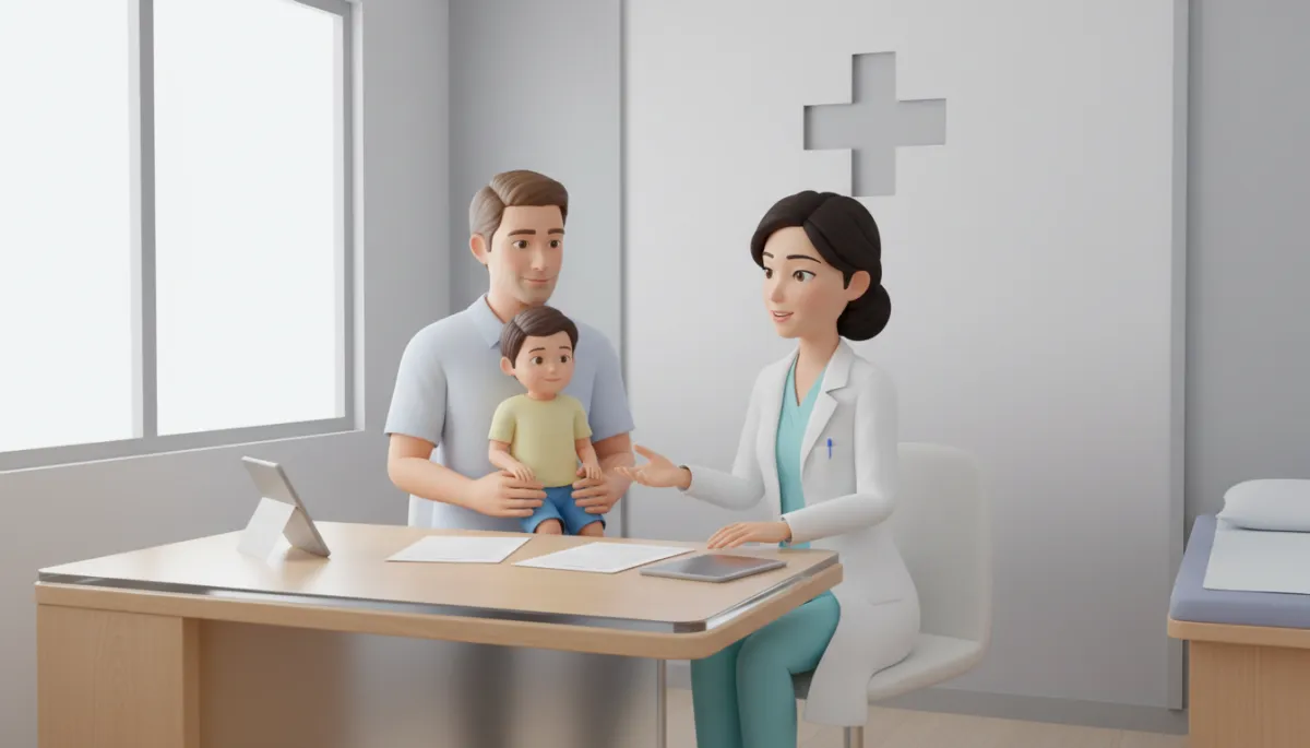 Pediatrician talking with a parent and child during a routine summer visit Pediatrician talking with a parent and child during a routine summer visit