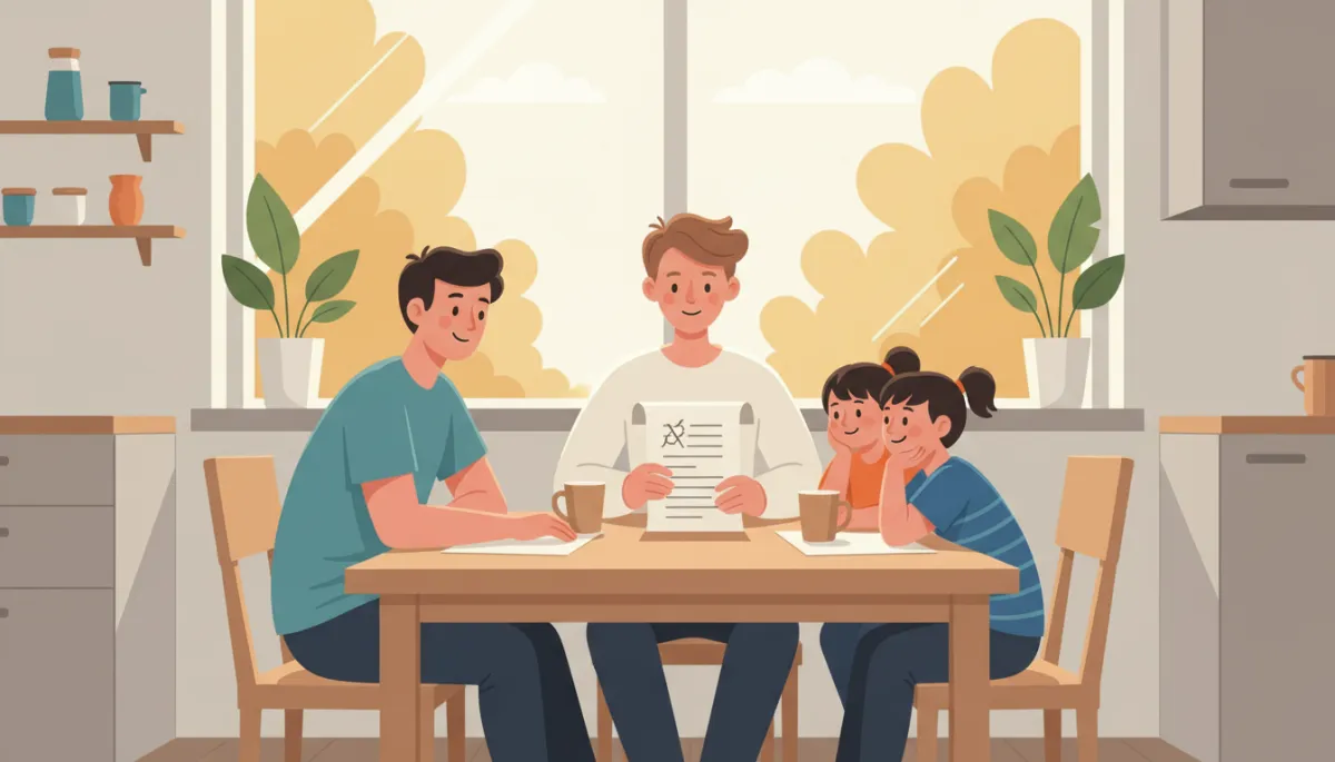 Parent discussing summer safety rules with children at the kitchen table Parent discussing summer safety rules with children at the kitchen table