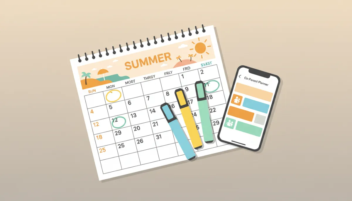Organized summer parenting calendar with shared co-parenting tools in a professional, neutral-toned setting Organized summer parenting calendar with shared co-parenting tools in a professional, neutral-toned setting