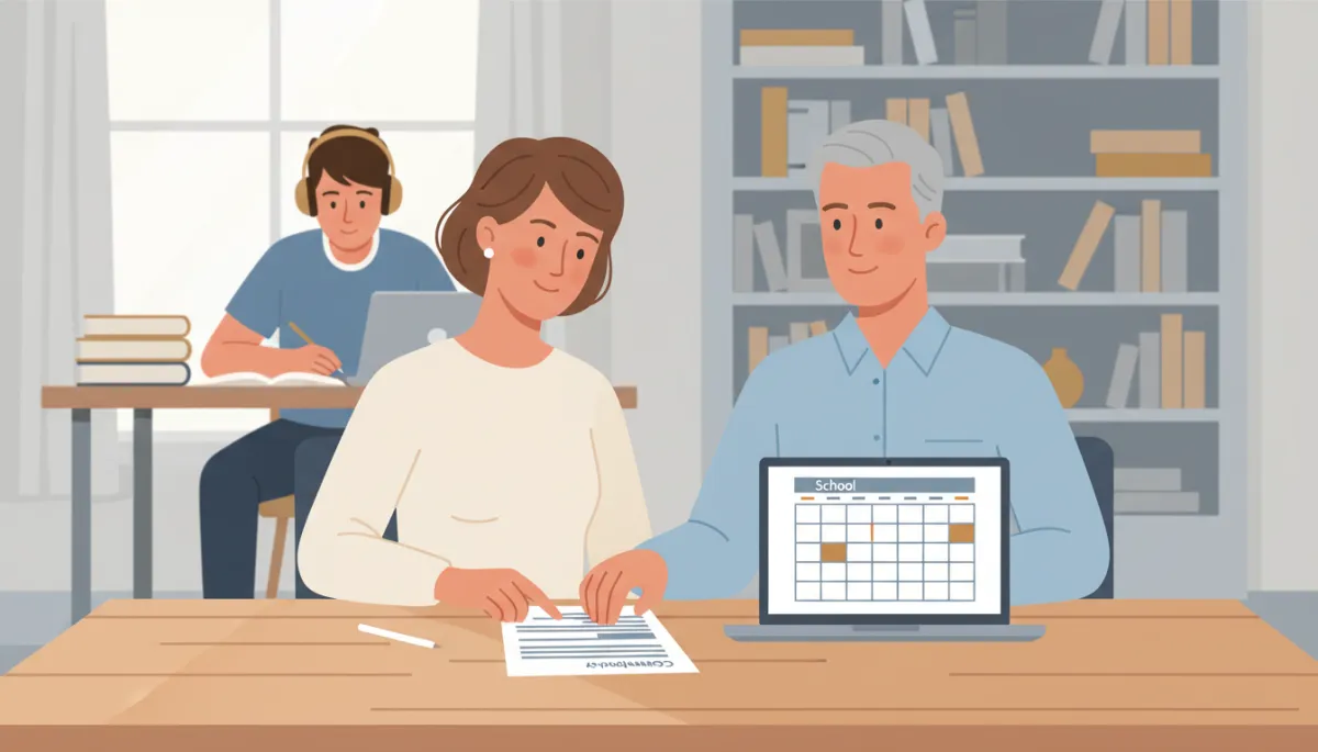 Co-parents coordinating custody schedule with school calendar in a neutral setting Co-parents coordinating custody schedule with school calendar in a neutral setting