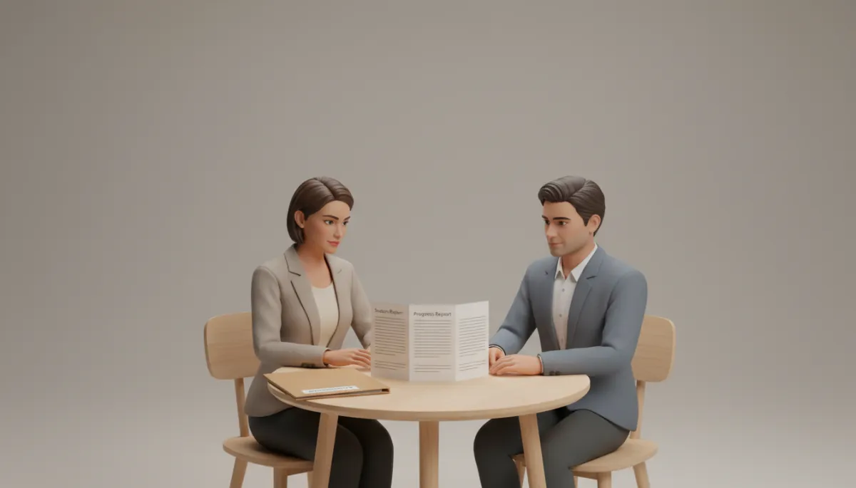 professional neutral-toned photo of a teacher sitting at a small round table with two divorced parents, calmly reviewing a student progress report, subtle legal folder labeled parenting plan on table professional neutral-toned photo of a teacher sitting at a small round table with two divorced parents, calmly reviewing a student progress report, subtle legal folder labeled parenting plan on table