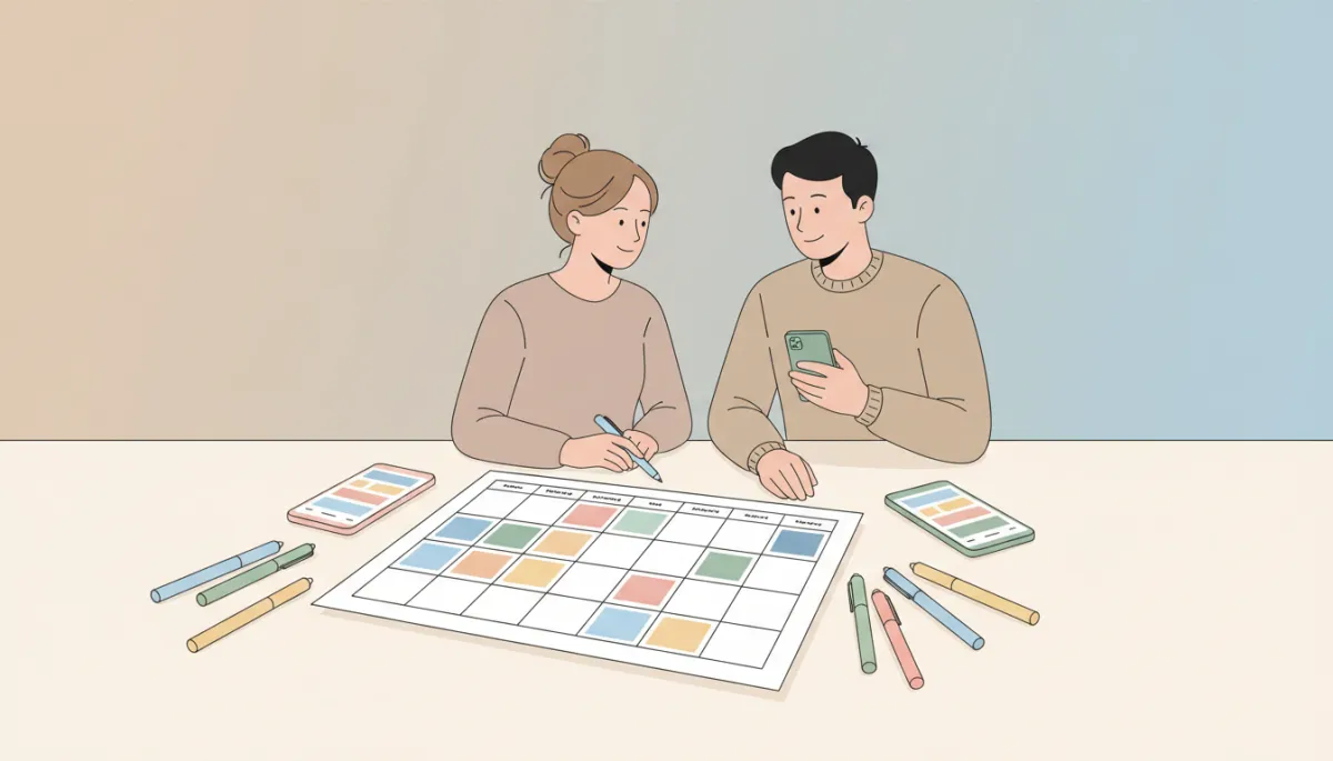 Co-parents organizing a shared parenting calendar with schedules and notes Co-parents organizing a shared parenting calendar with schedules and notes