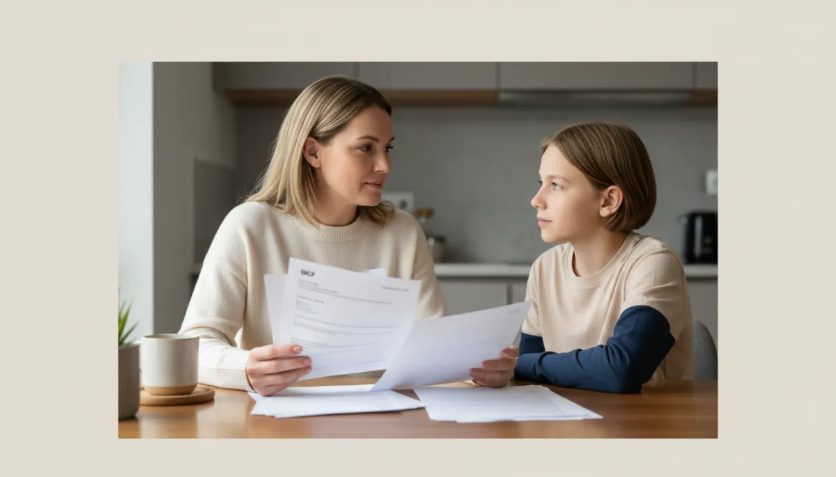 Parent reviewing school and DCF paperwork at home with their child