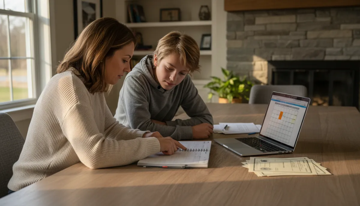 Parent and child reviewing school planner and academic goals together at home Parent and child reviewing school planner and academic goals together at home