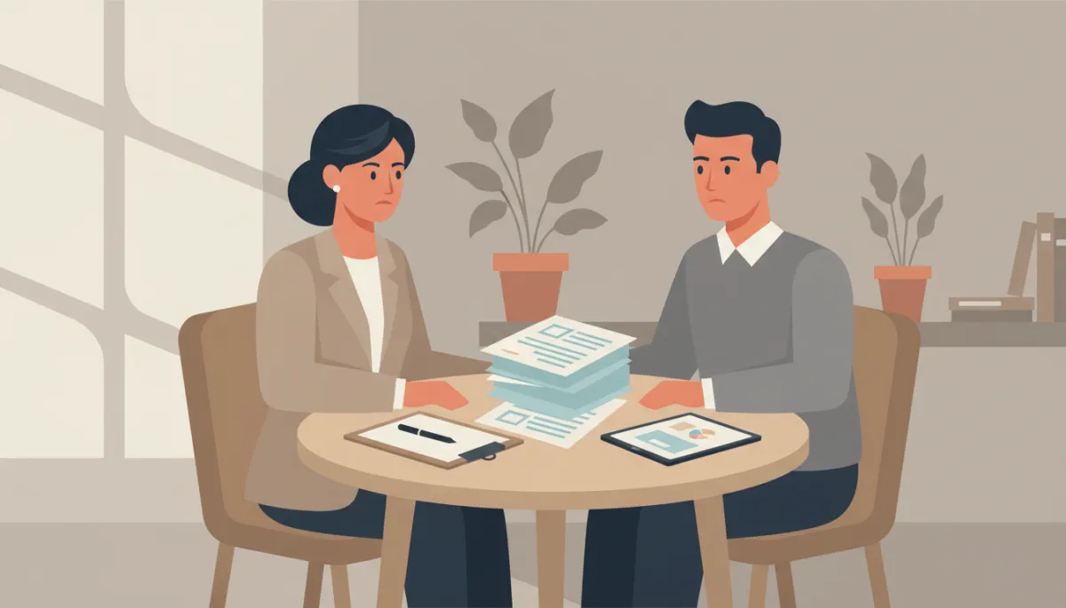 Social worker and parent discussing paperwork in a calm office setting Social worker and parent discussing paperwork in a calm office setting
