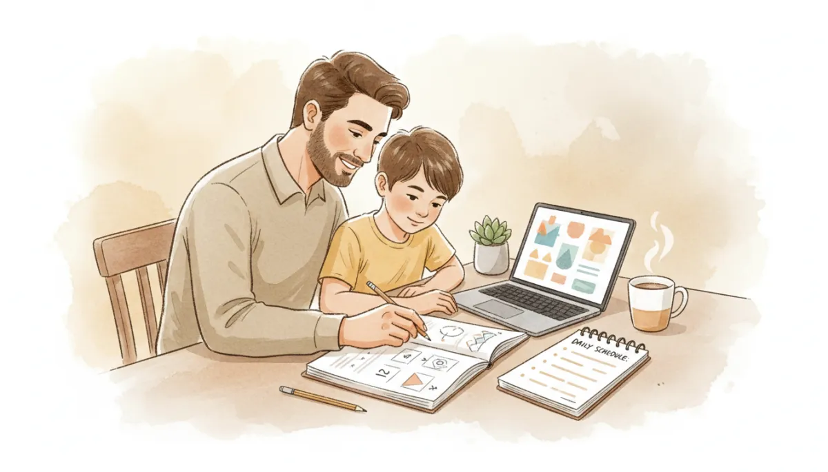 Parent and child working through a homeschool lesson with a simple daily schedule Parent and child working through a homeschool lesson with a simple daily schedule