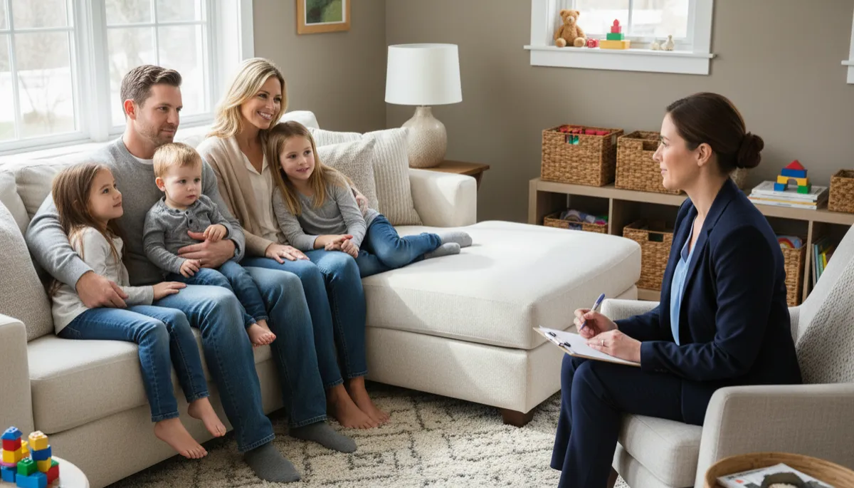 DCF worker meeting respectfully with a Connecticut family in their home living room DCF worker meeting respectfully with a Connecticut family in their home living room