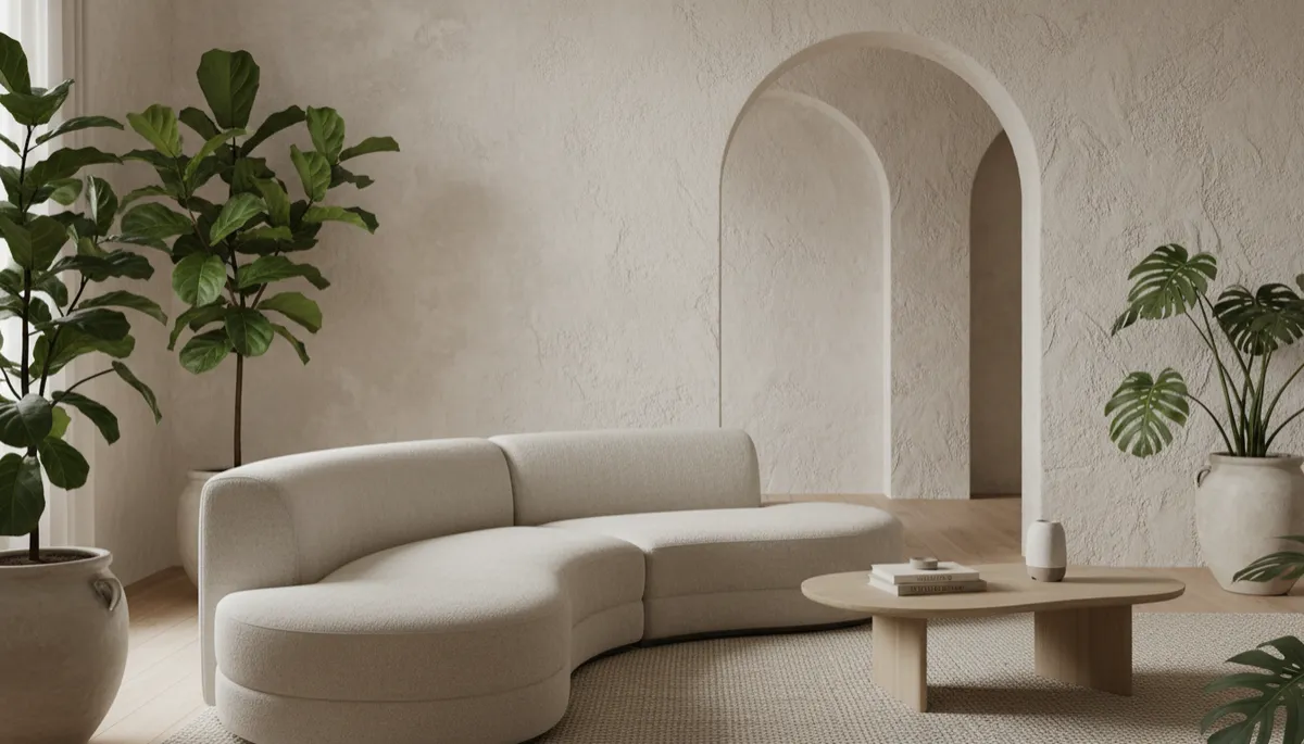 Modern living room featuring curved furniture, arches, and natural textures