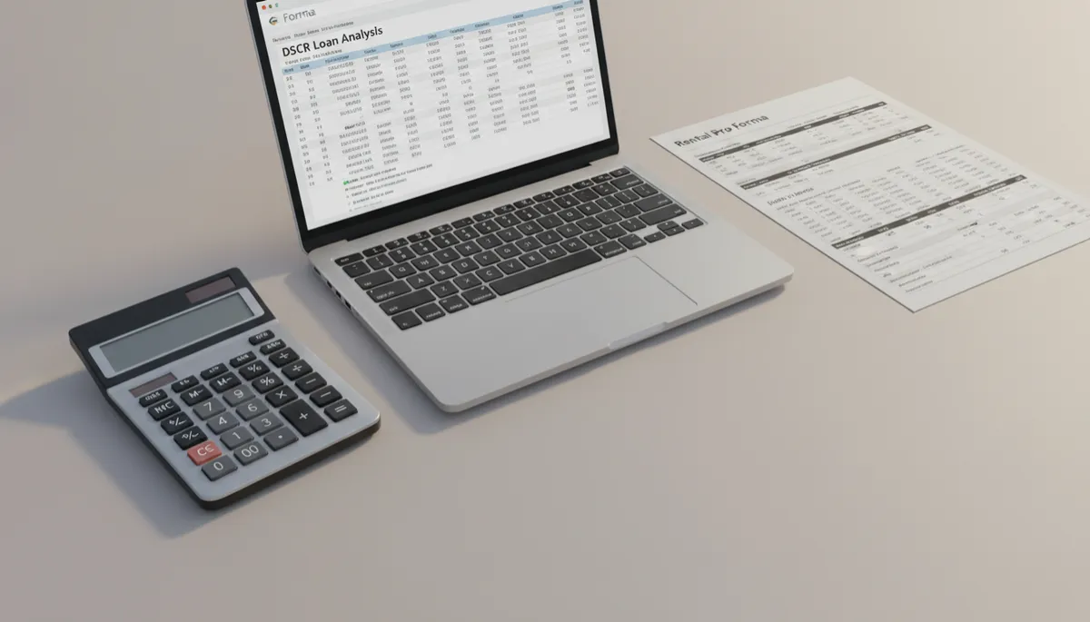 Desk with financial documents showing DSCR loan calculations and rental projections