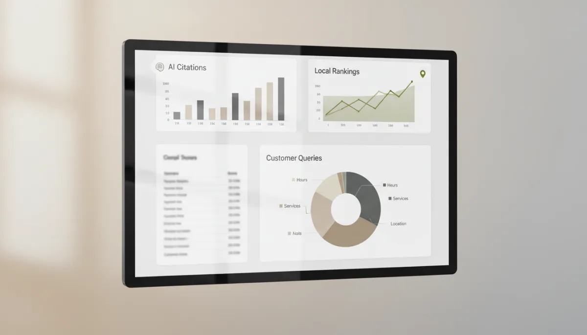 Analytics dashboard visualizing AI citations and local search visibility for a small business Analytics dashboard visualizing AI citations and local search visibility for a small business
