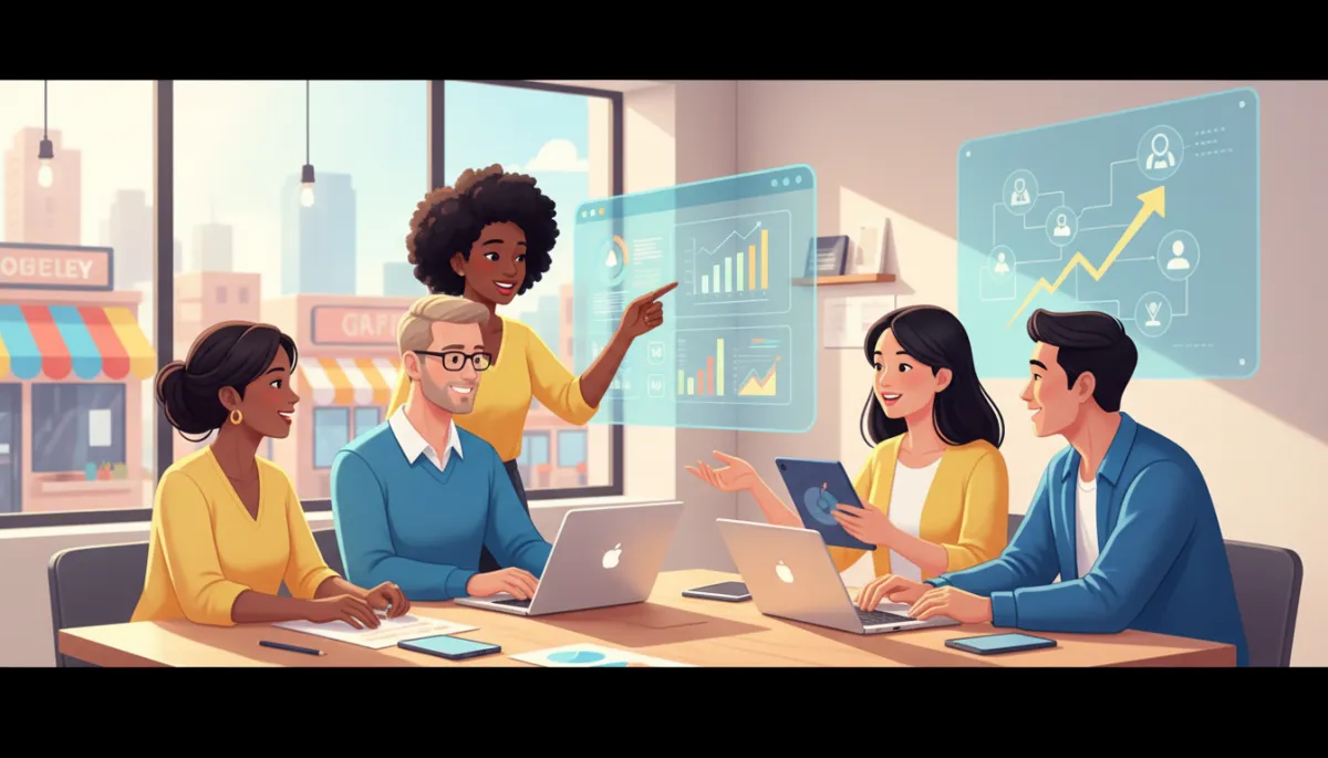 A modern, inviting header image showing a diverse group of local business owners working on digital marketing strategies, with laptops, tablets, and marketing charts, set in a bright, collaborative workspace. The image should convey growth, technology, and local entrepreneurship.