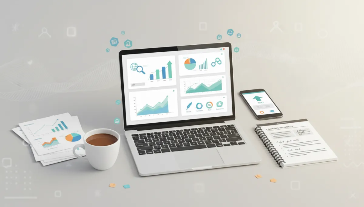 A photorealistic, high-quality image depicting a modern workspace with a sleek laptop displaying analytics dashboards, surrounded by printed charts, a notebook with content strategy notes, and a smartphone showing SEO performance. The scene conveys a digital marketing strategy environment, with subtle visual cues like icons for SEO, content marketing, and upward-trending graphs on screen, all set against a clean, professional background with natural lighting for a polished blog appearance.