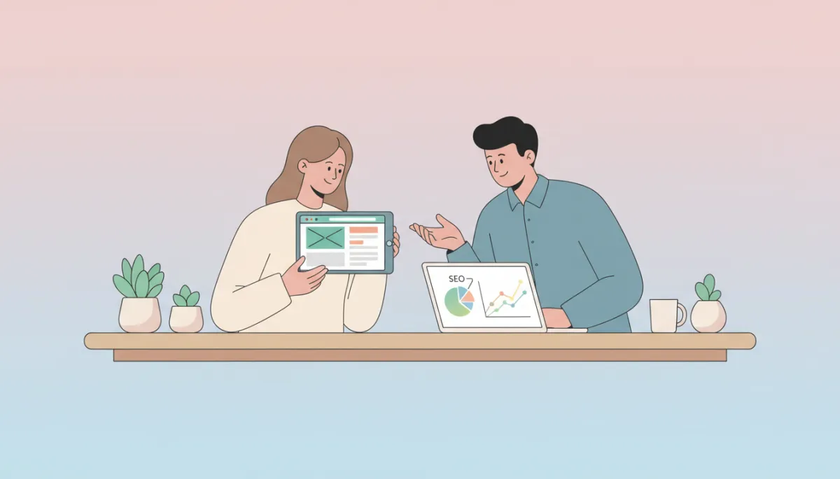 Local business owner reviewing SEO improvements and website performance with a consultant Local business owner reviewing SEO improvements and website performance with a consultant