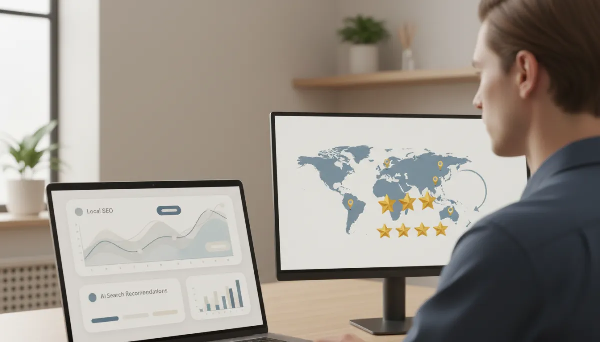 Marketer analyzing local SEO performance and AI search recommendations on a laptop Marketer analyzing local SEO performance and AI search recommendations on a laptop